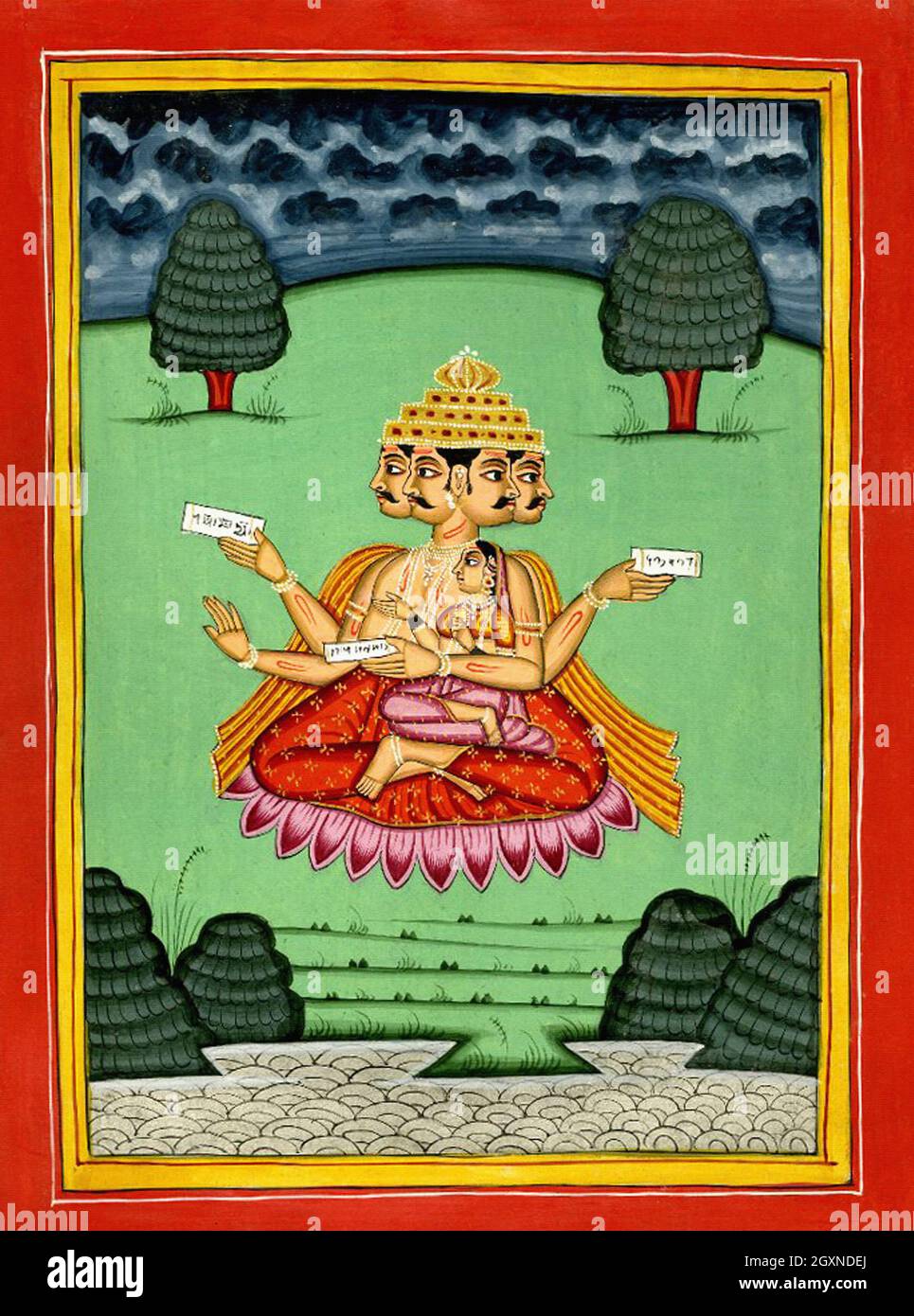Die Gottheit Brahma saß mit seiner Gemahlin auf seinem Schoß Stockfoto