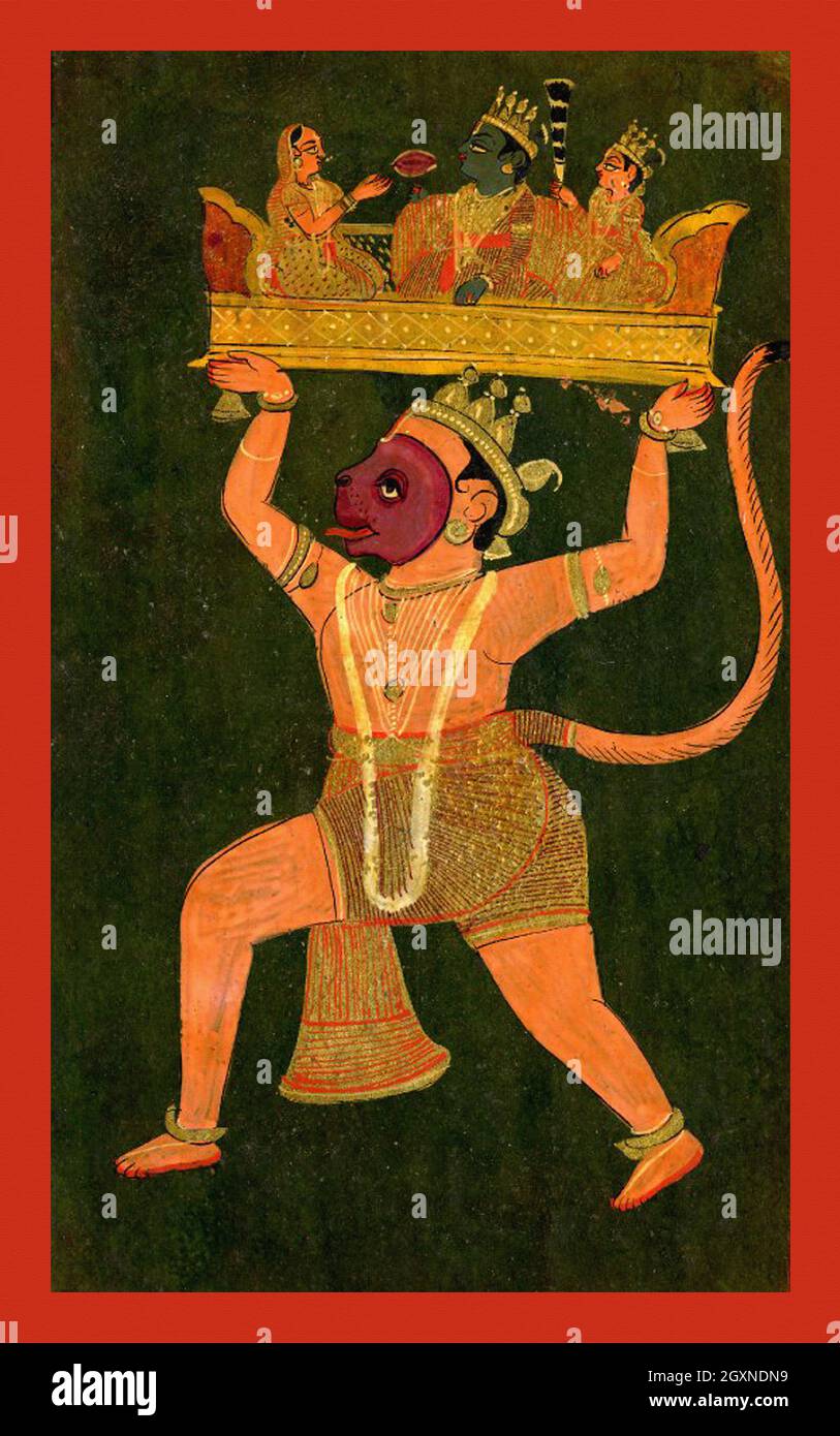 Hanuman trägt Rama, Sīta und Lakṣmaṇa auf einem Thron Stockfoto