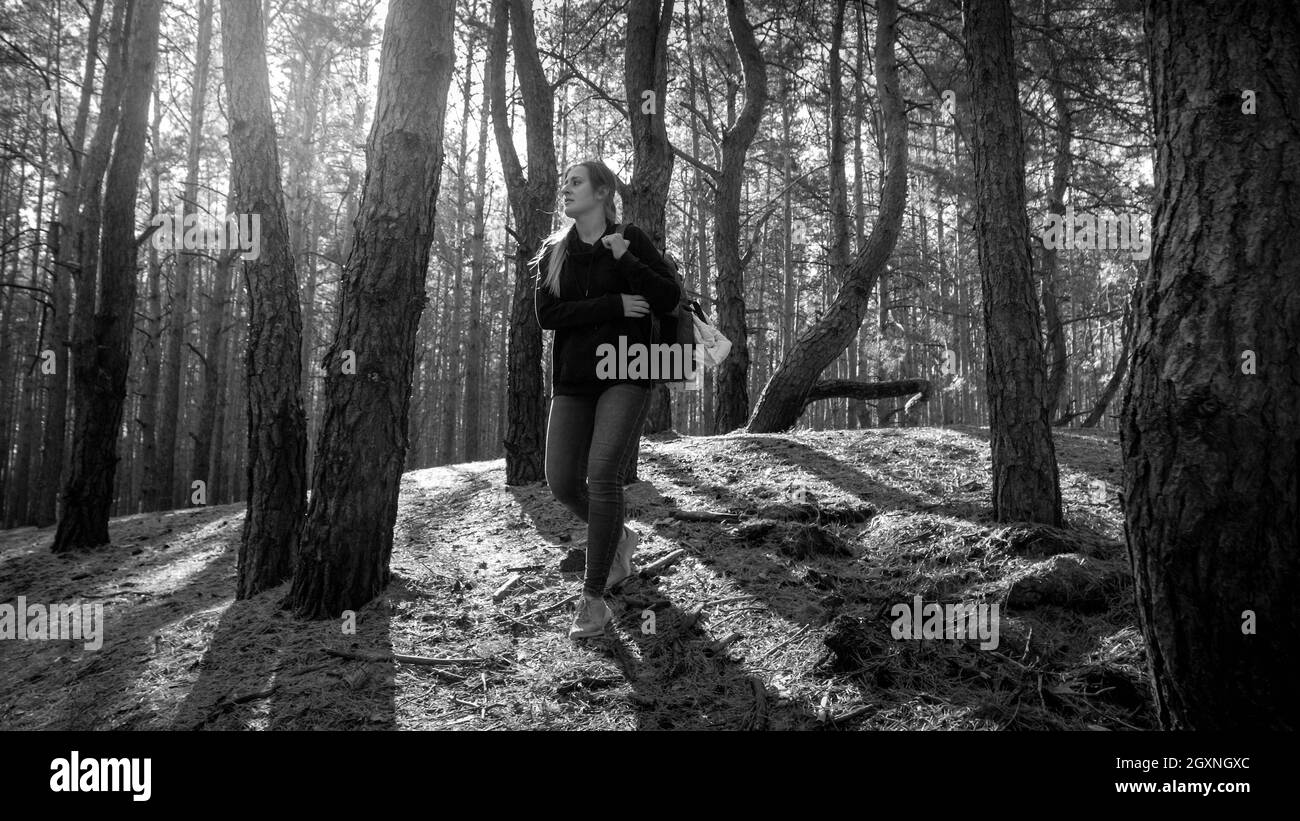 Schwarz-Weiß-Foto der schönen jungen Frau mit Rucksack Wandern im alten Wald. Stockfoto