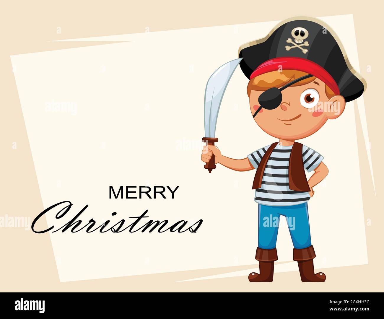 Fröhlicher Junge im Piratenkostüm. Kind in Weihnachten Karneval Kostüm, niedliche Cartoon-Figur. Vektorgrafik für Aktien Stock Vektor