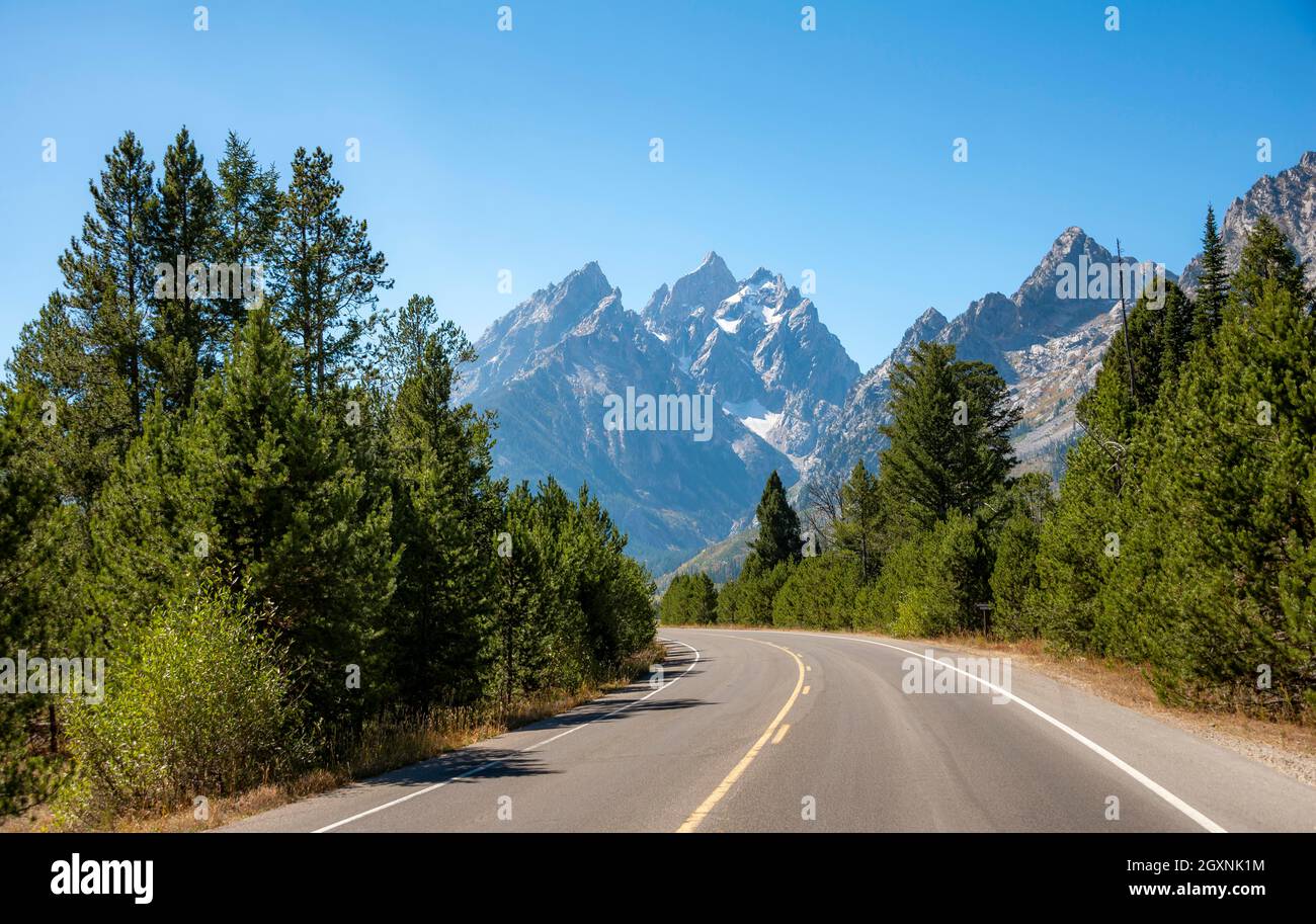 Landstraße durch Wald, zerklüftete Berggipfel dahinter, Grand Teton, Mount Teewinot und Mount St. John, Teton Range Bergkette, Grand Teton Stockfoto