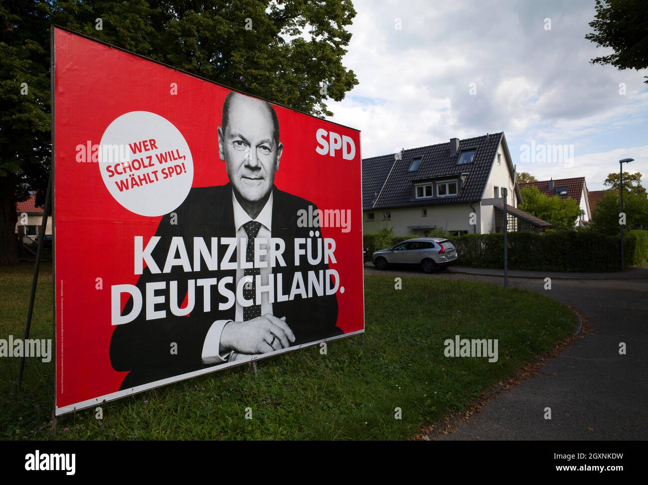 Wahlplakat der SPD, Olaf Scholz, Bundesfinanzminister und Spitzenkandidat der SPD, auf Wahlplakat der SPD, Bundestagswahl Stockfoto