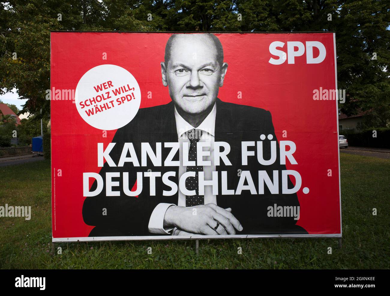 Wahlplakat der SPD, Olaf Scholz, Bundesfinanzminister und Spitzenkandidat der SPD, auf Wahlplakat der SPD, Bundestagswahl Stockfoto