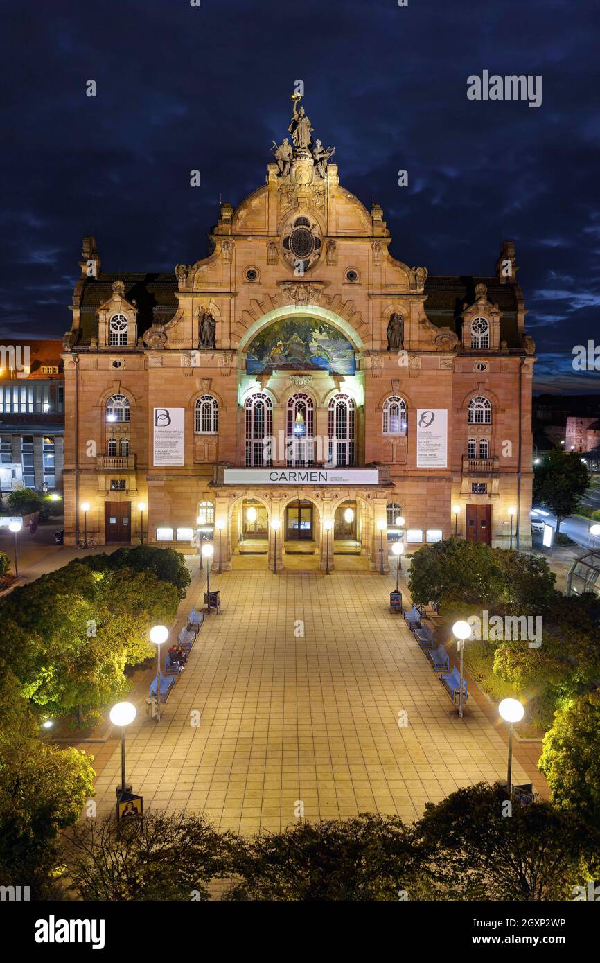 Nachtansicht, Luftaufnahme, Staatstheater, Oper, beleuchtet, Jugendstil, Stadttheater, Nürnberg, Mittelfranken, Franken, Bayern Stockfoto