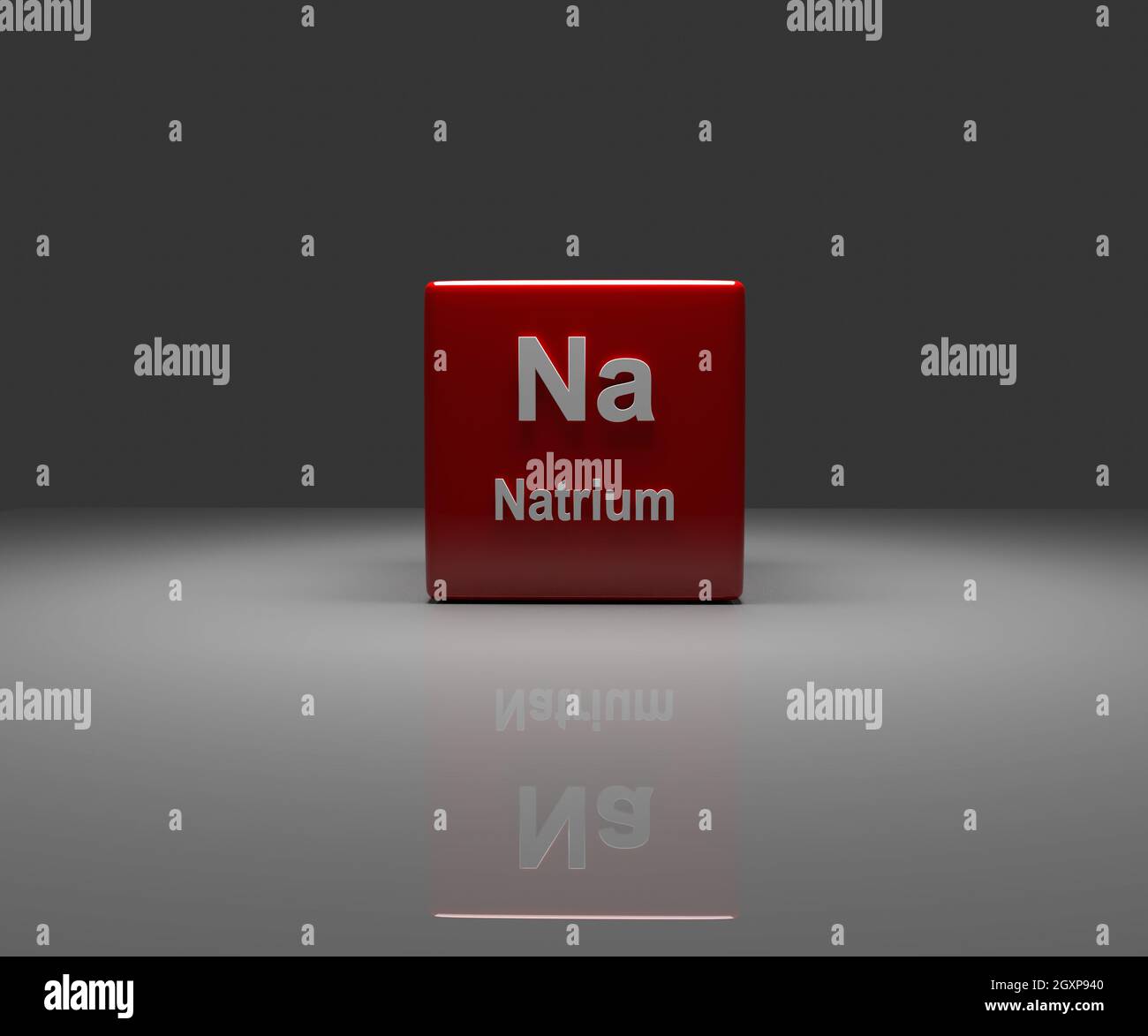 Red Cube mit deutschem Natrium-Periodensystem, 3d-Rendering Stockfoto