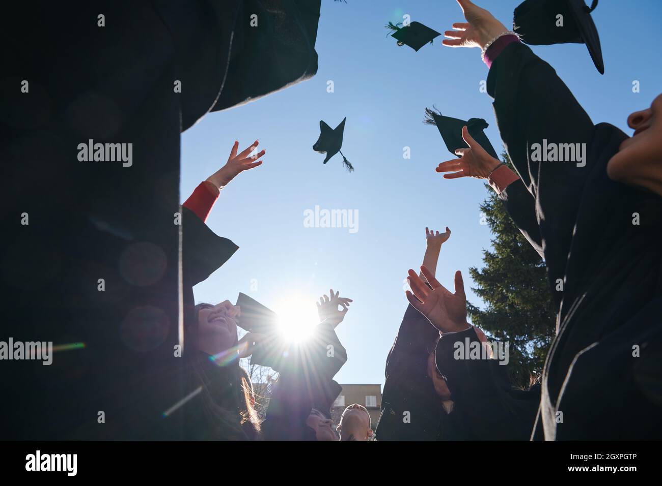 Herzlichen Glückwunsch! Low-Angle-Ansicht der glücklichen Gruppe von sechs jungen fröhlichen Absolventen in schwarzen Kleidern, werfen ihren Kopf tragen in der Luft und feiern, Stockfoto