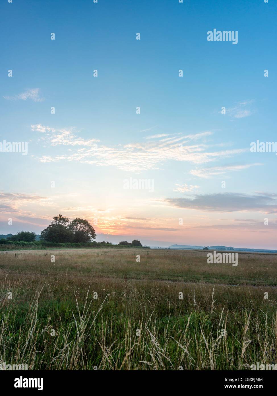 Morgendämmerung an einem Morgen Mitte August, wenn der Tag mit einem orangefarbenen Leuchten und beleuchteten Wolken bricht, um die Landschaften der Salisbury-Ebenen zu begrüßen. Stockfoto