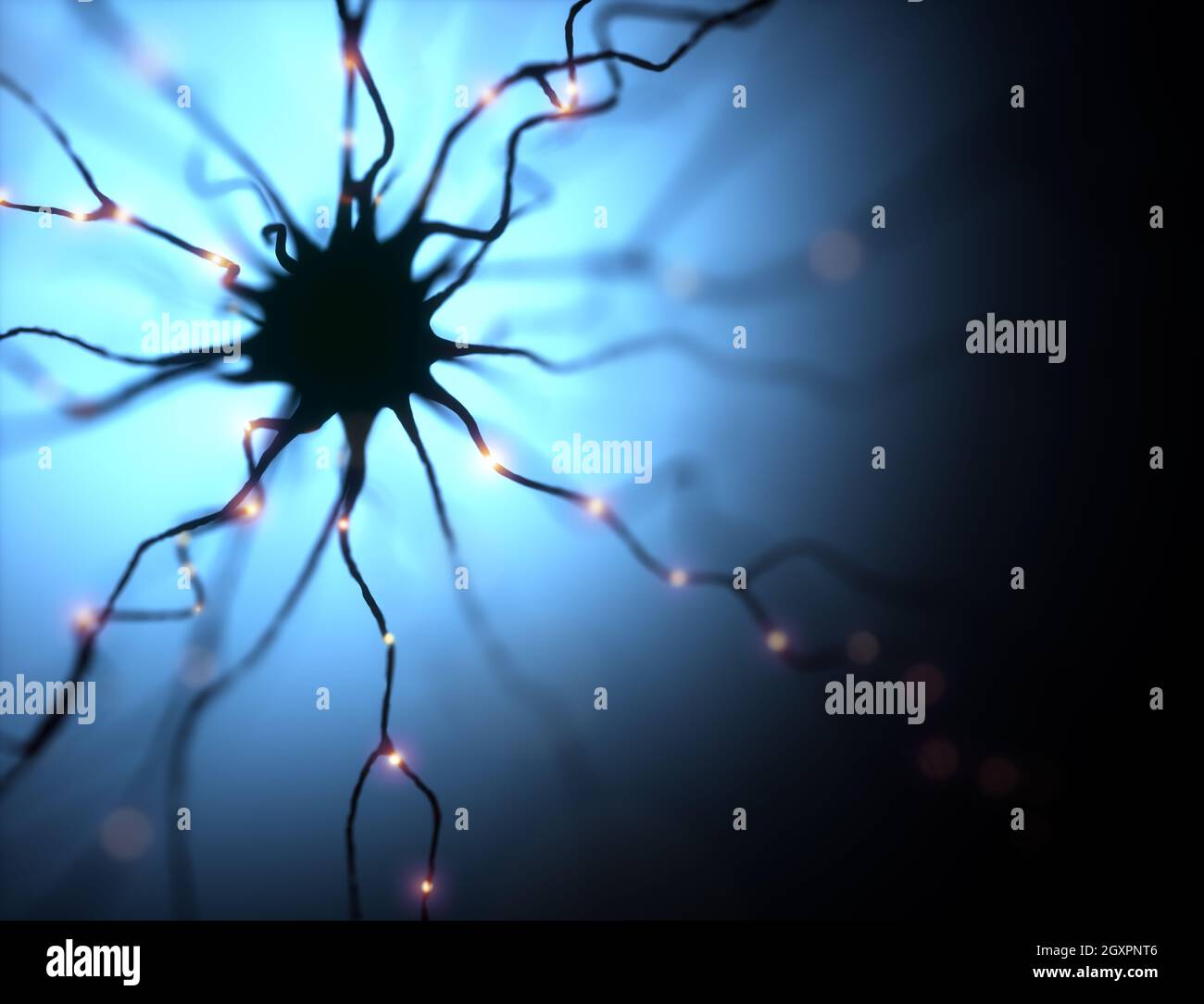 3D-Illustration, Neuronen und ihre Verbindungen. Mikroskopische Fotosimulation des menschlichen Nervensystems. Stockfoto