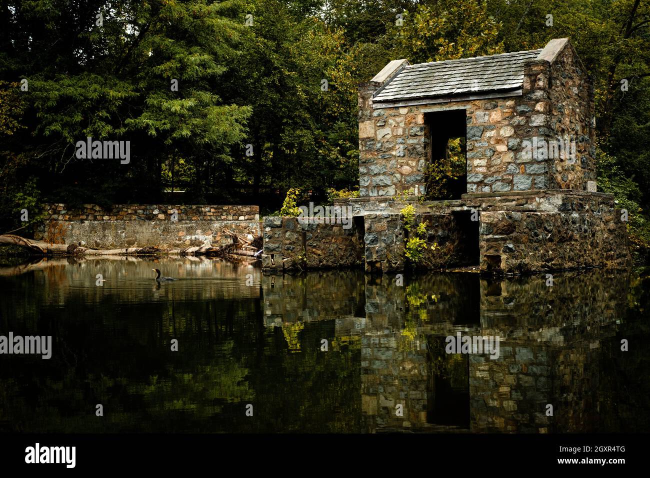 Ruhiges Speedwell Lake Park, historisches Ironworks-Gebäude in Morristown, NJ Stockfoto