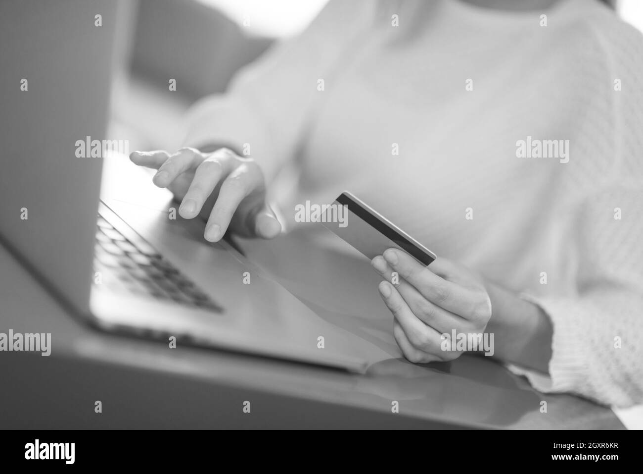 Junge Frau hält Kreditkarte und Laptopcomputer. Online-shopping-Konzept Stockfoto