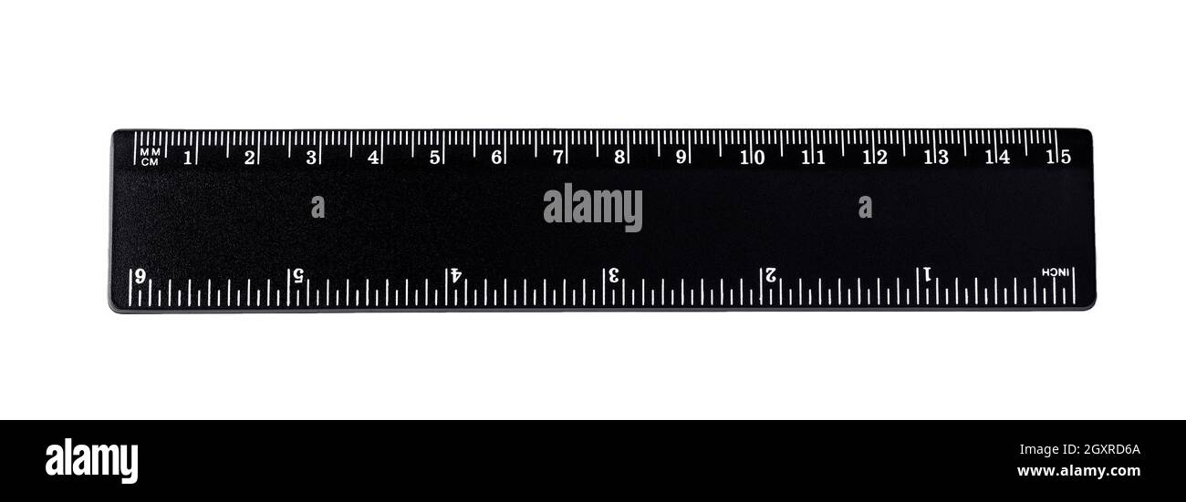 Schwarzes Lineal isoliert, Zoll, Zentimeter, Millimeter, zöllige und metrische Längeneinheiten, cm- und mm-Markierungen, detaillierte Makroansicht, weiße Numb Stockfoto
