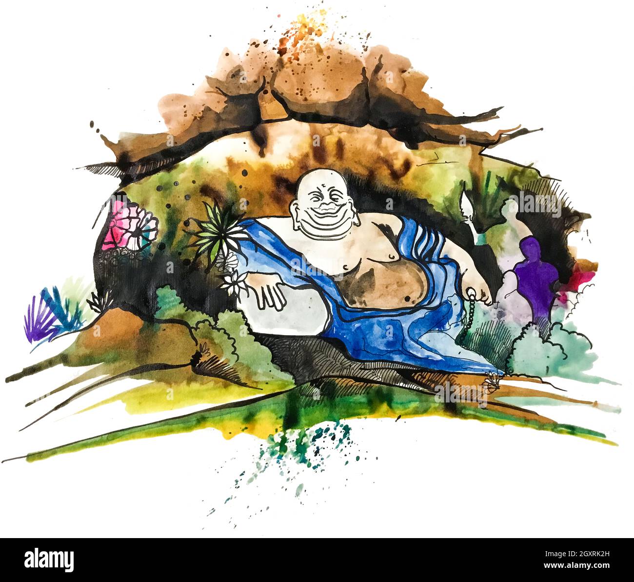 Chinesische Illustration lingyin Tempel buddha und glücklich buddha Natur Höhle Zeichnung glücklich Gesicht Hand gezeichnet Illustration Bodhisattva Reisenden Natur Kunst Stockfoto