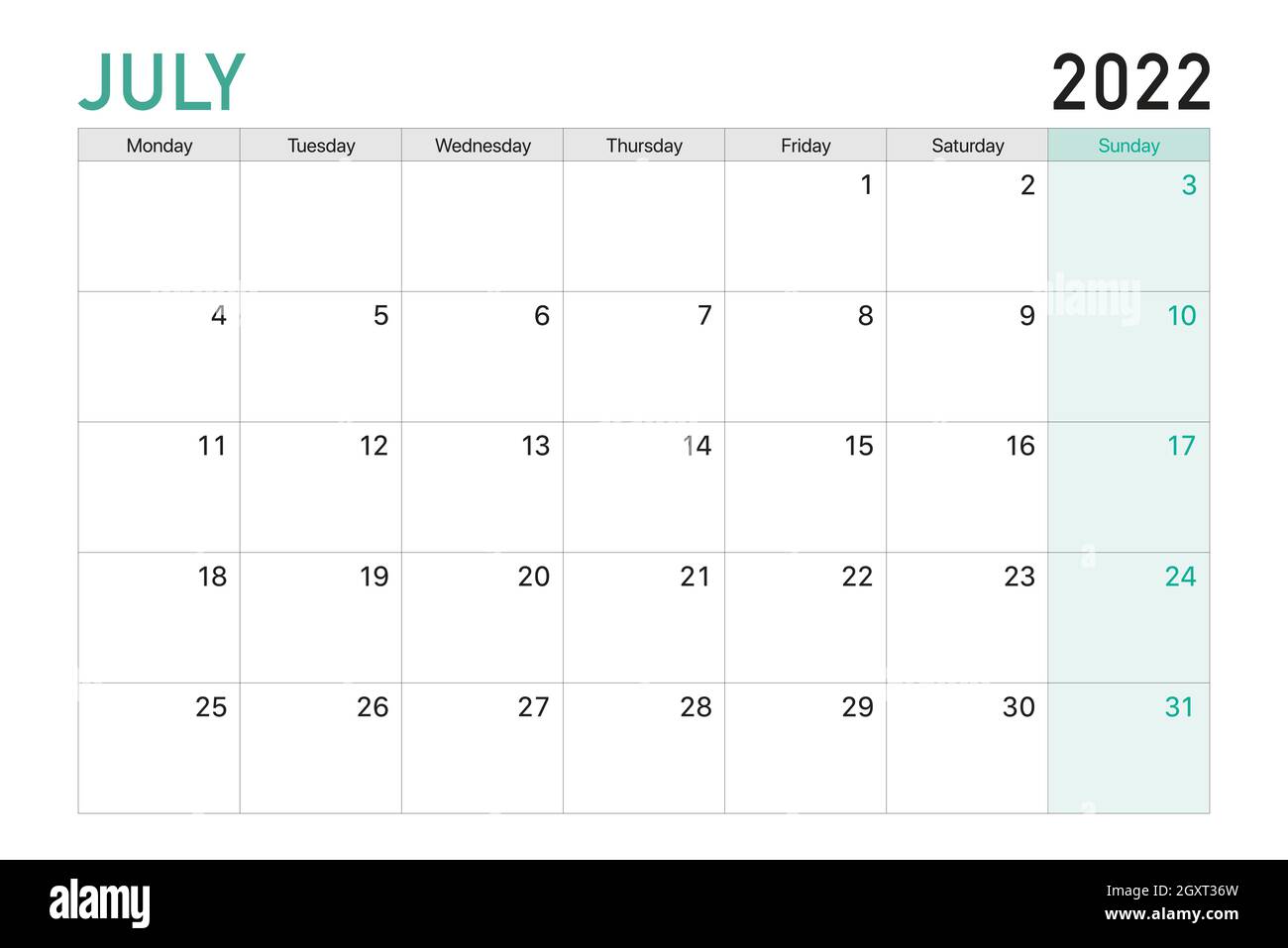 2022 Juli Illustration Vektor Schreibtisch Kalenderwochen beginnen am Montag in hellgrün und weiß Thema Stock Vektor