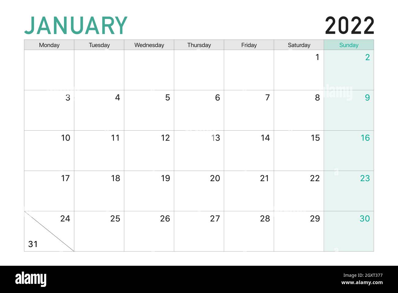 2022 Januar Illustration Vektor Schreibtisch Kalenderwochen beginnen am Montag in hellgrün und weiß Thema Stock Vektor