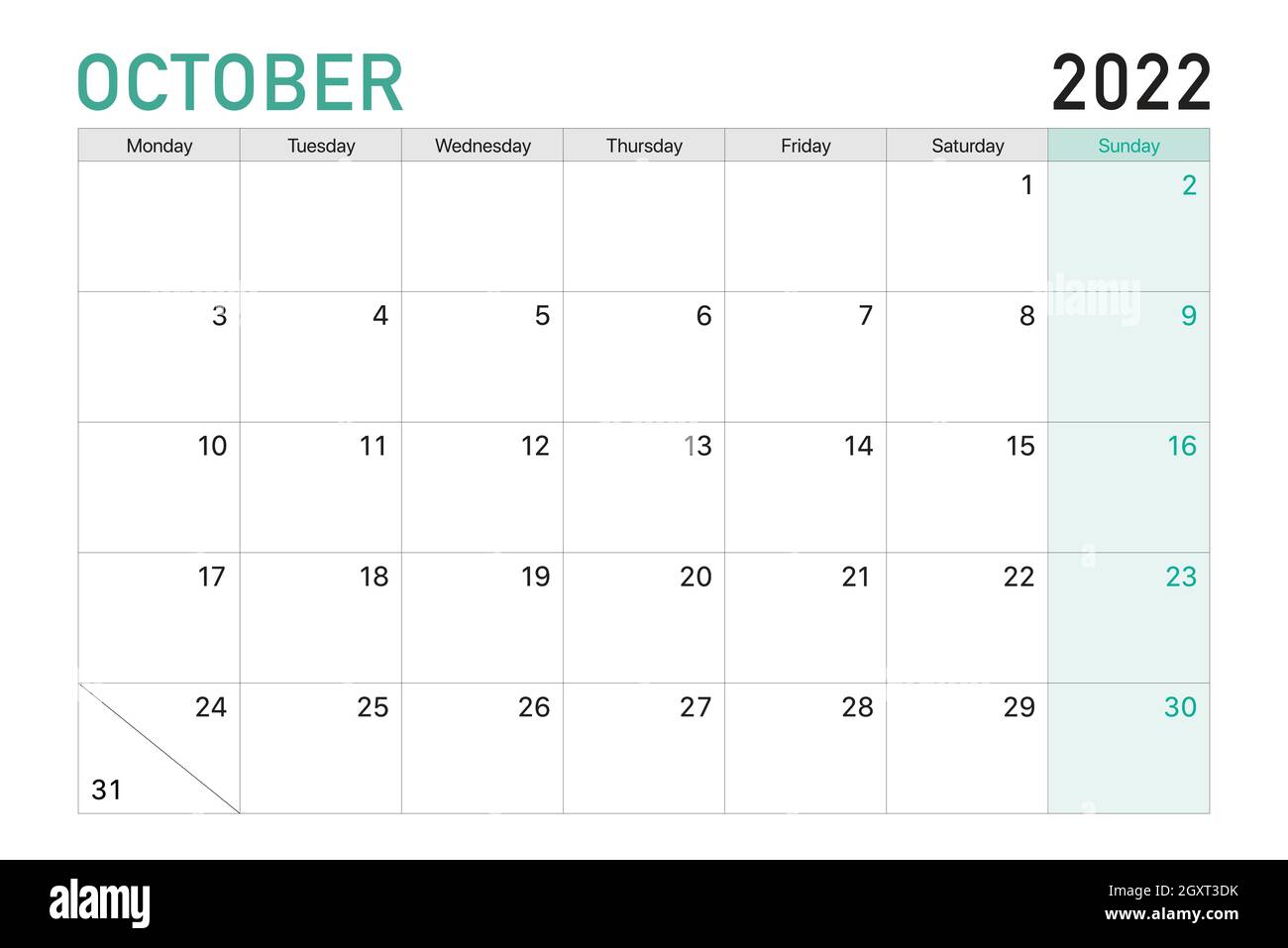 2022 Oktober Illustration Vektor Schreibtisch Kalenderwochen beginnen am Montag in hellgrün und weiß Thema Stock Vektor