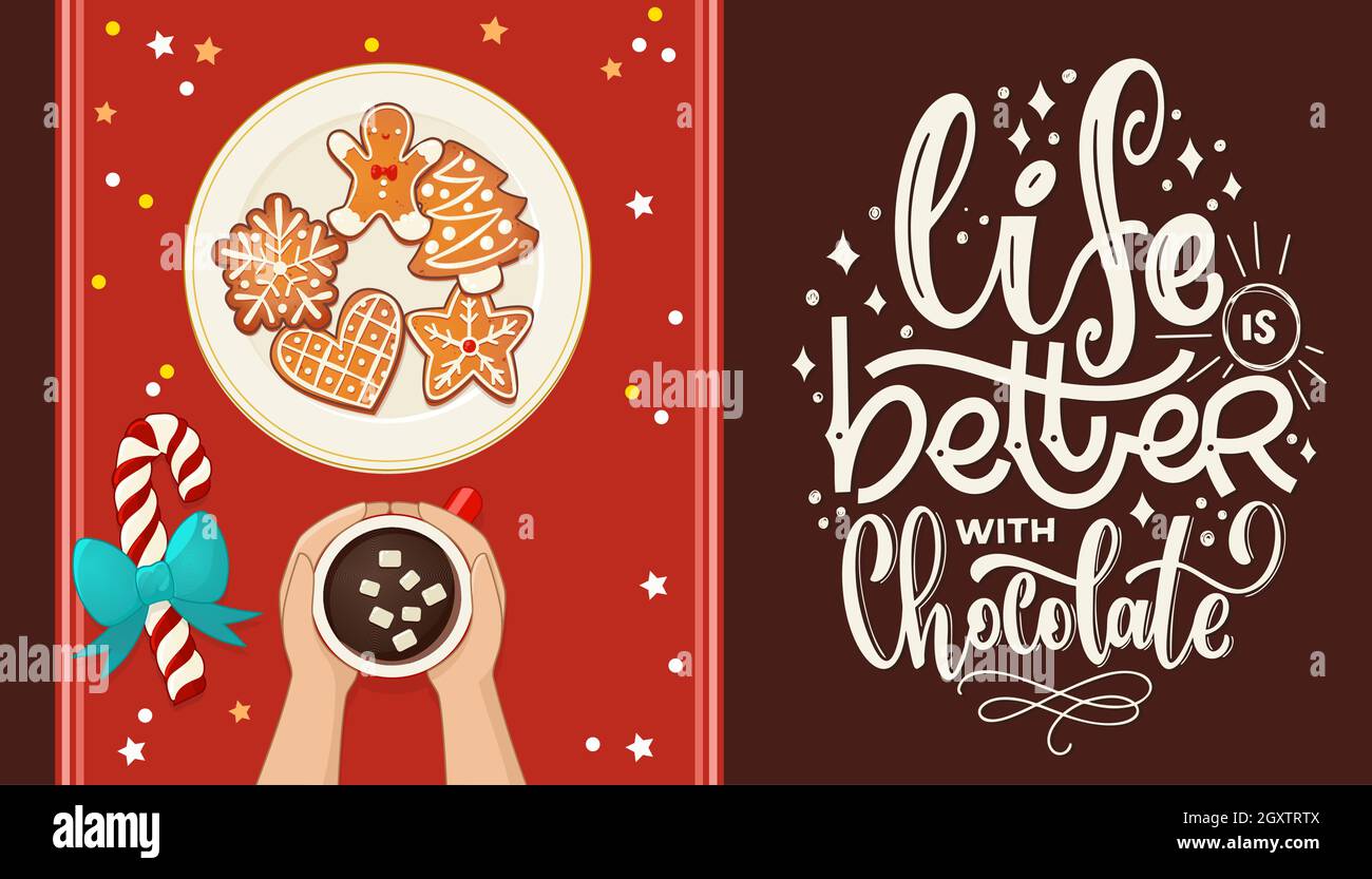 Teller mit Lebkuchen Weihnachtsplätzchen mit Zitat über Schokolade und Zuckerrohr. Vektorgrafik von oben für das neue Jahr und den Winterurlaub. Stock Vektor