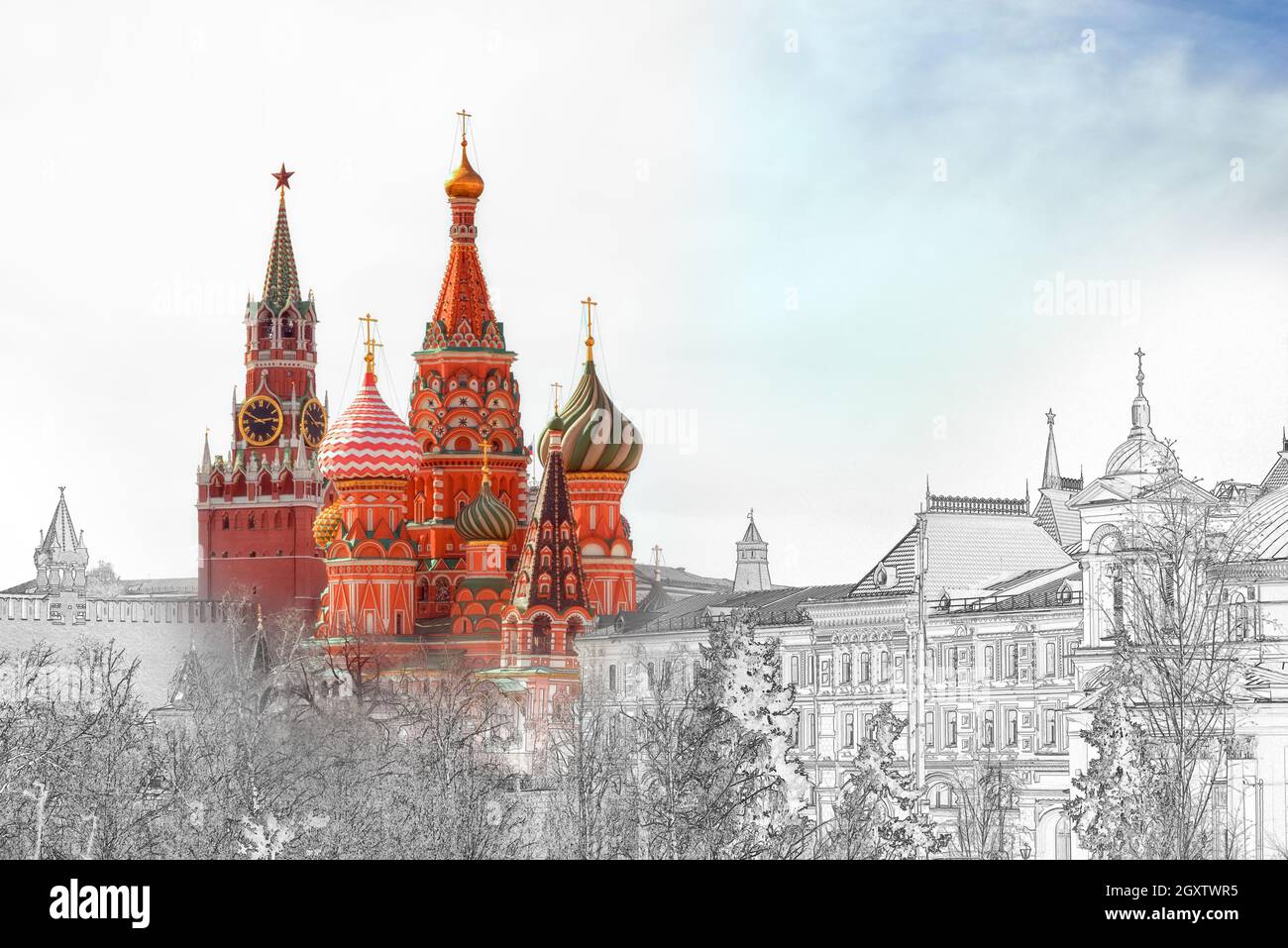 Farbenfrohe Stelle der Basilius-Kathedrale, des Roten Platzes, Moskau zwischen schwarz-weißen Silhouetten-Gebäuden. Speicherplatz kopieren. Stockfoto