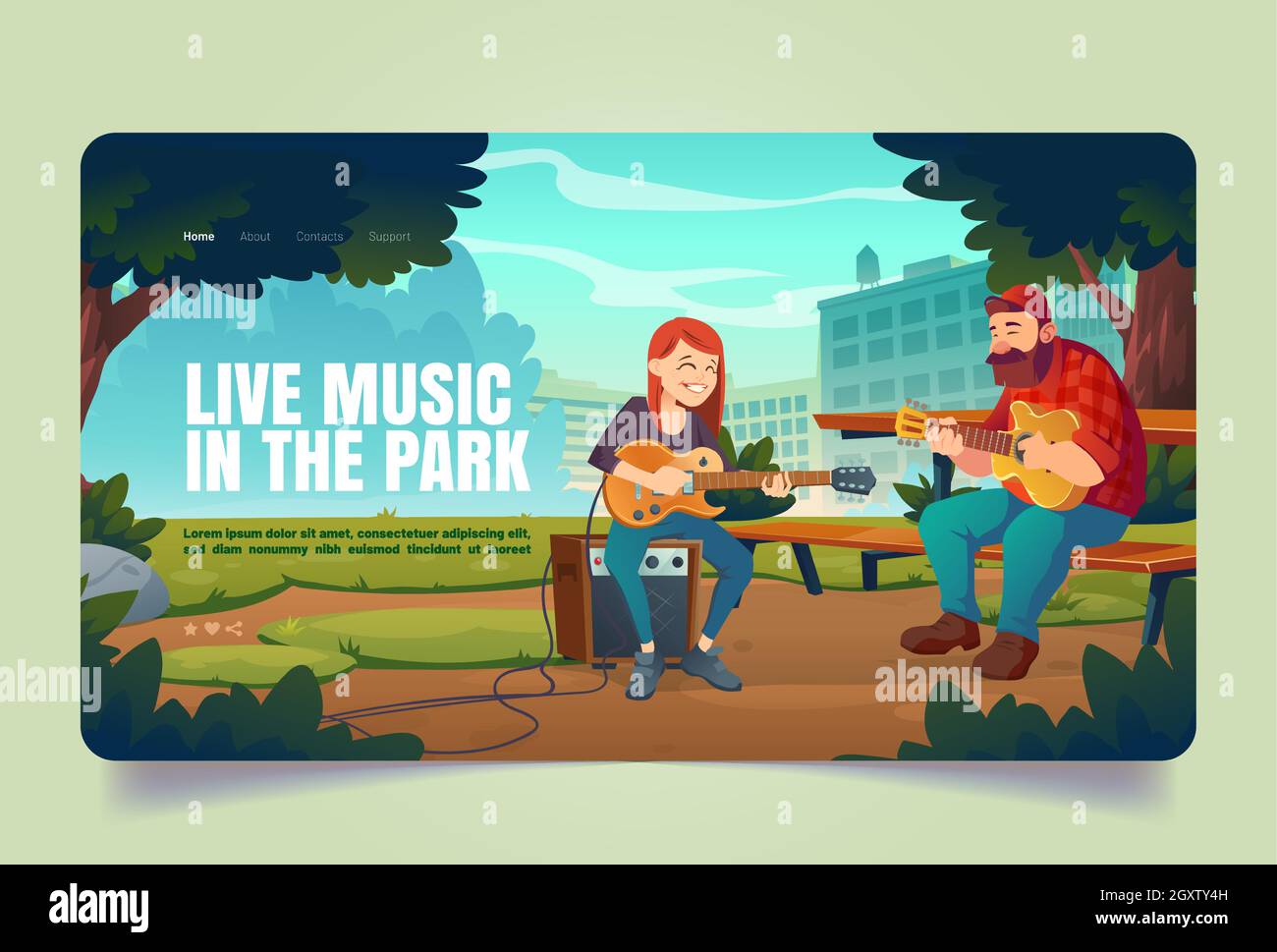 Live-Musik im Parkbanner. Menschen mit akustischen und elektrischen Gitarren treten im Freien auf. Vektor-Landing-Page des Open-Air-Konzerts mit Cartoon-Illustration der Musiker spielen im öffentlichen Sommergarten Stock Vektor