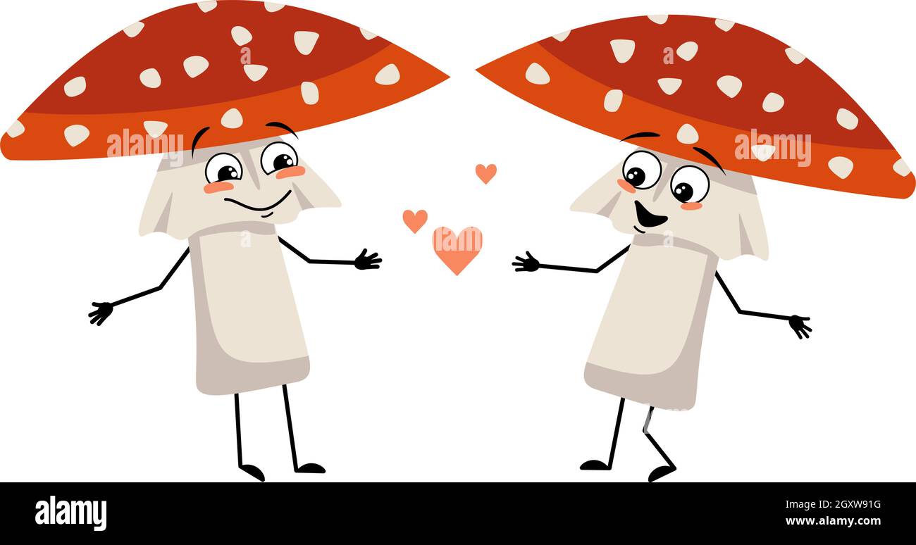 Niedliche Amanita Charakter mit Liebe Emotionen, Lächeln Gesicht, Arme und Beine. Fliegen Sie agarische Pilze aus dem Wald mit freundischem Ausdruck Stock Vektor