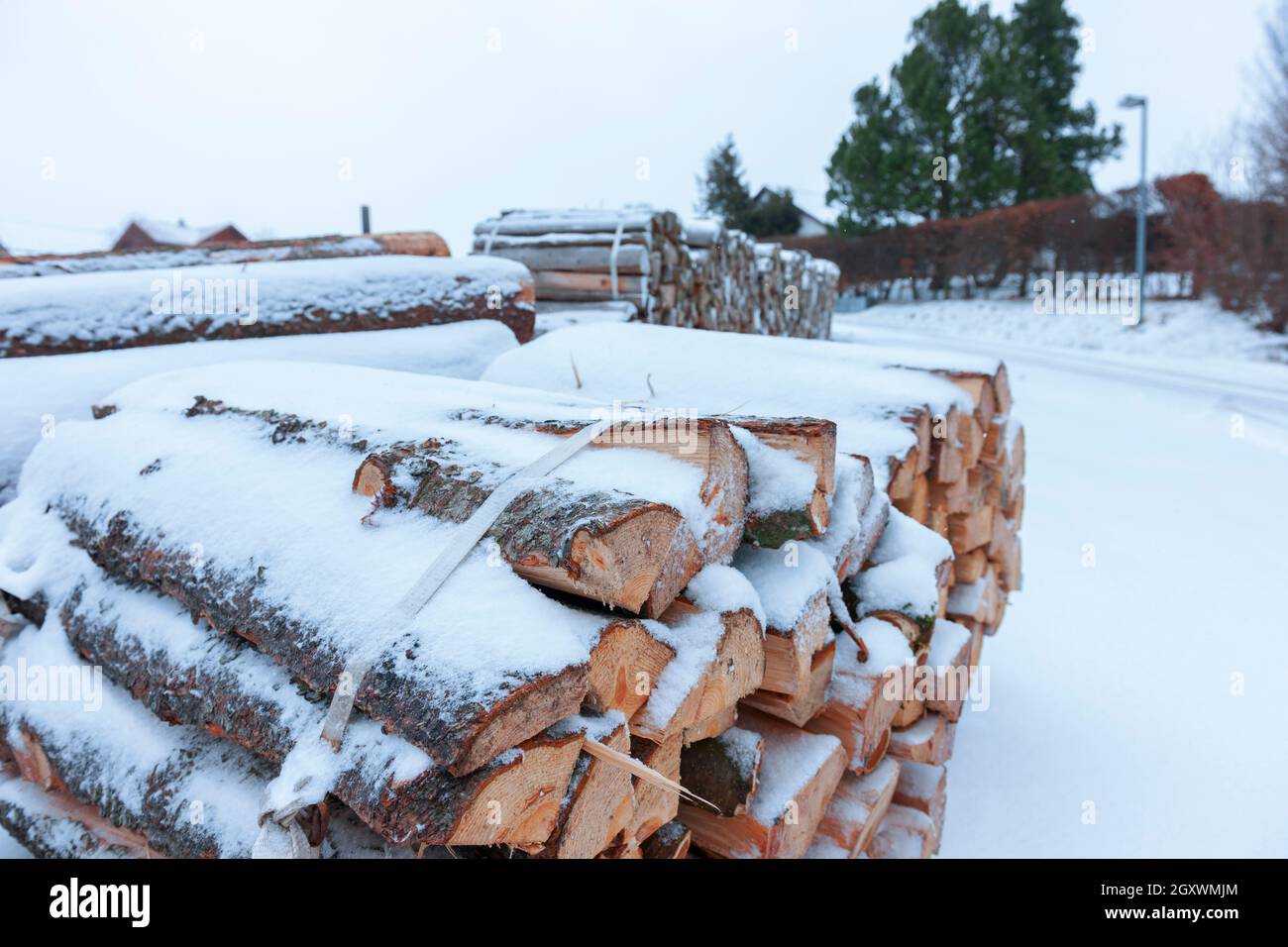 Weitwinkelaufnahme für den Transport von Brennholz gebündelt auf einem schneebedeckten Berg Straße. Stockfoto