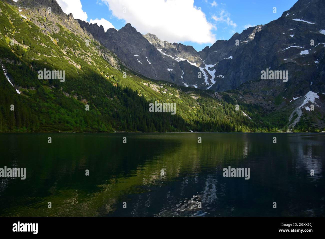 See Morskie oko, auch Auge des Meeres genannt, umgeben von Wald und Bergen. Hohe Tatra, Polen. Goldene Stunde. Stockfoto