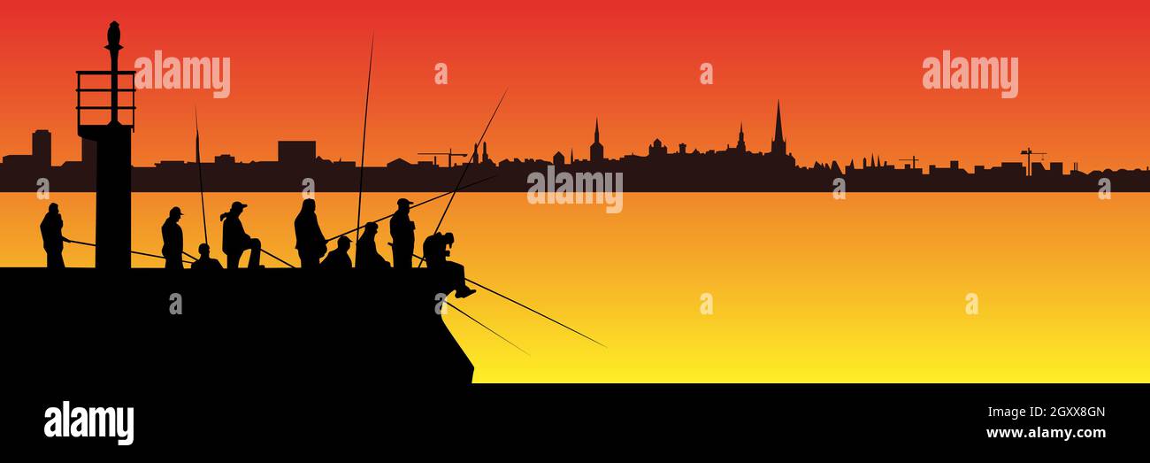 Silhouetten von Fischern mit Angelruten am Pier mit Leuchtturm und langer Skyline der Stadt vor dem Hintergrund des Sonnenuntergangs. Viele Leute mit langer Angelrute Stock Vektor
