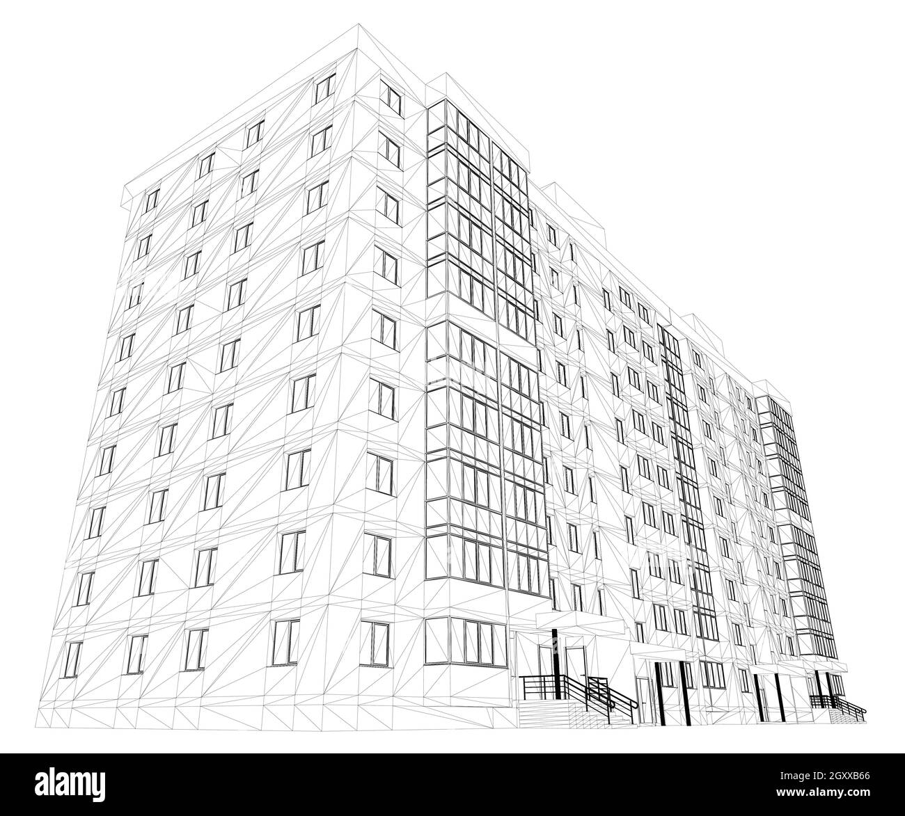 Drahtmodell eines neunstöckigen Hauses aus schwarzen Linien, isoliert auf weißem Hintergrund. Ansicht von unten. 3D. Vektorgrafik. Stock Vektor