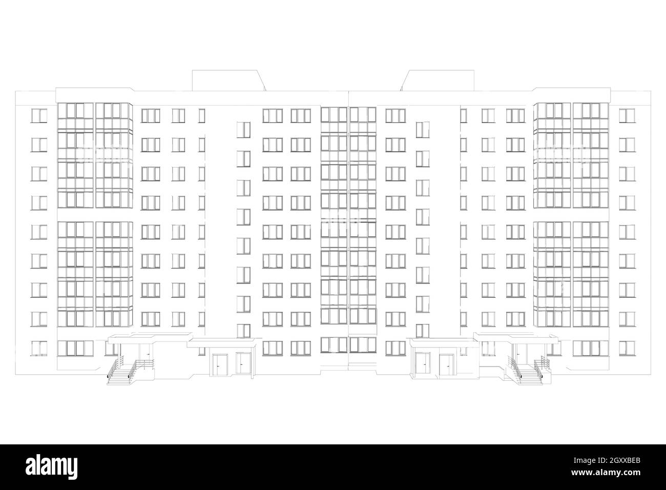 Kontur eines neunstöckigen Hauses aus schwarzen, auf weißem Hintergrund isolierten Linien. Vektorgrafik. Stock Vektor