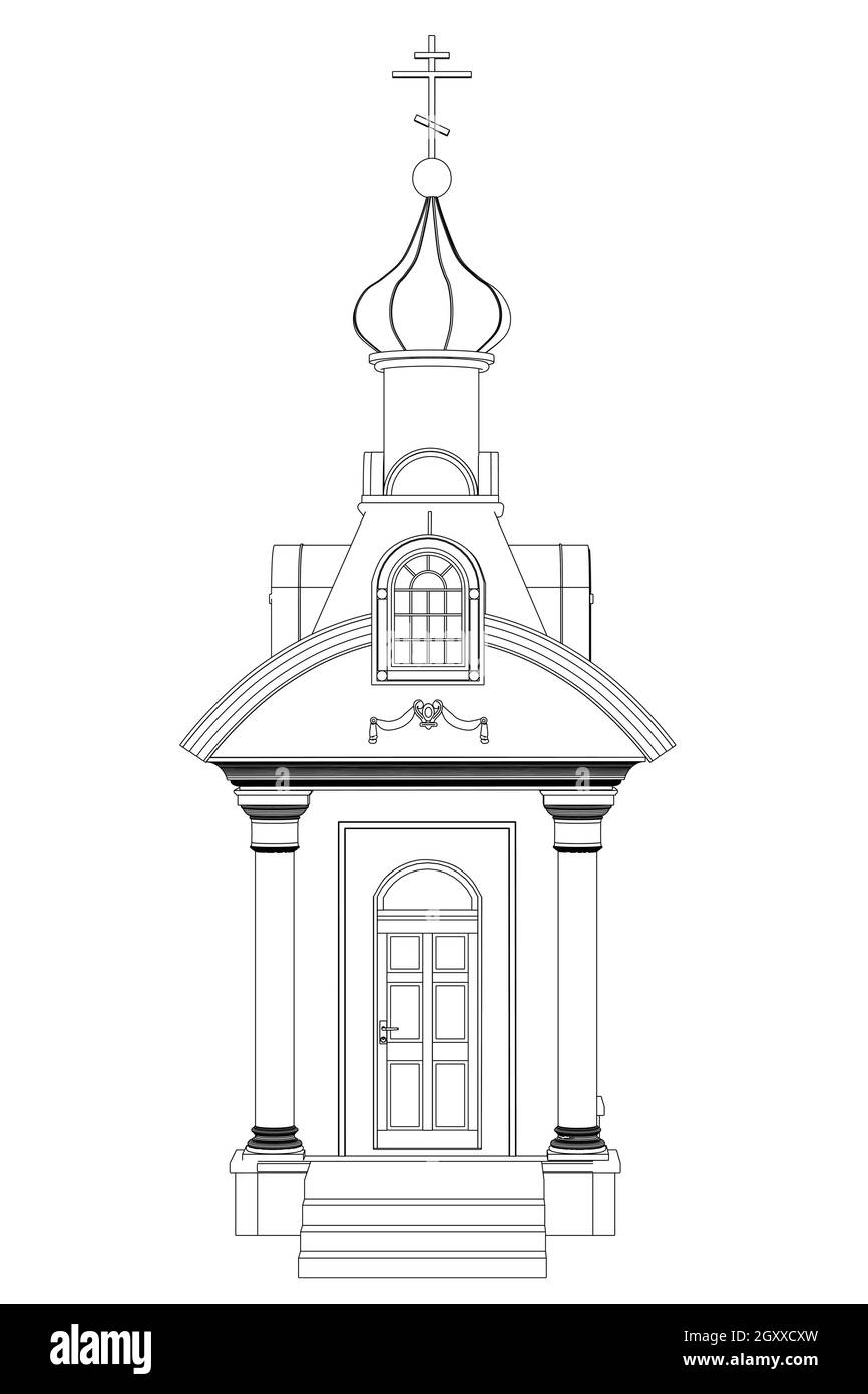 Kapelle Kontur aus schwarzen Linien isoliert auf weißem Hintergrund. Vorderansicht. Vektorgrafik. Stock Vektor
