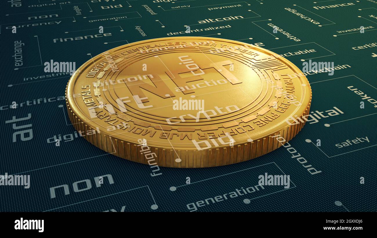 NFT-Konzept, nicht fungibler Token, Krypto-Kunst und Krypto-Währung, Nahaufnahme einer Goldmünze mit Wortwolke (3d-Rendering) Stockfoto