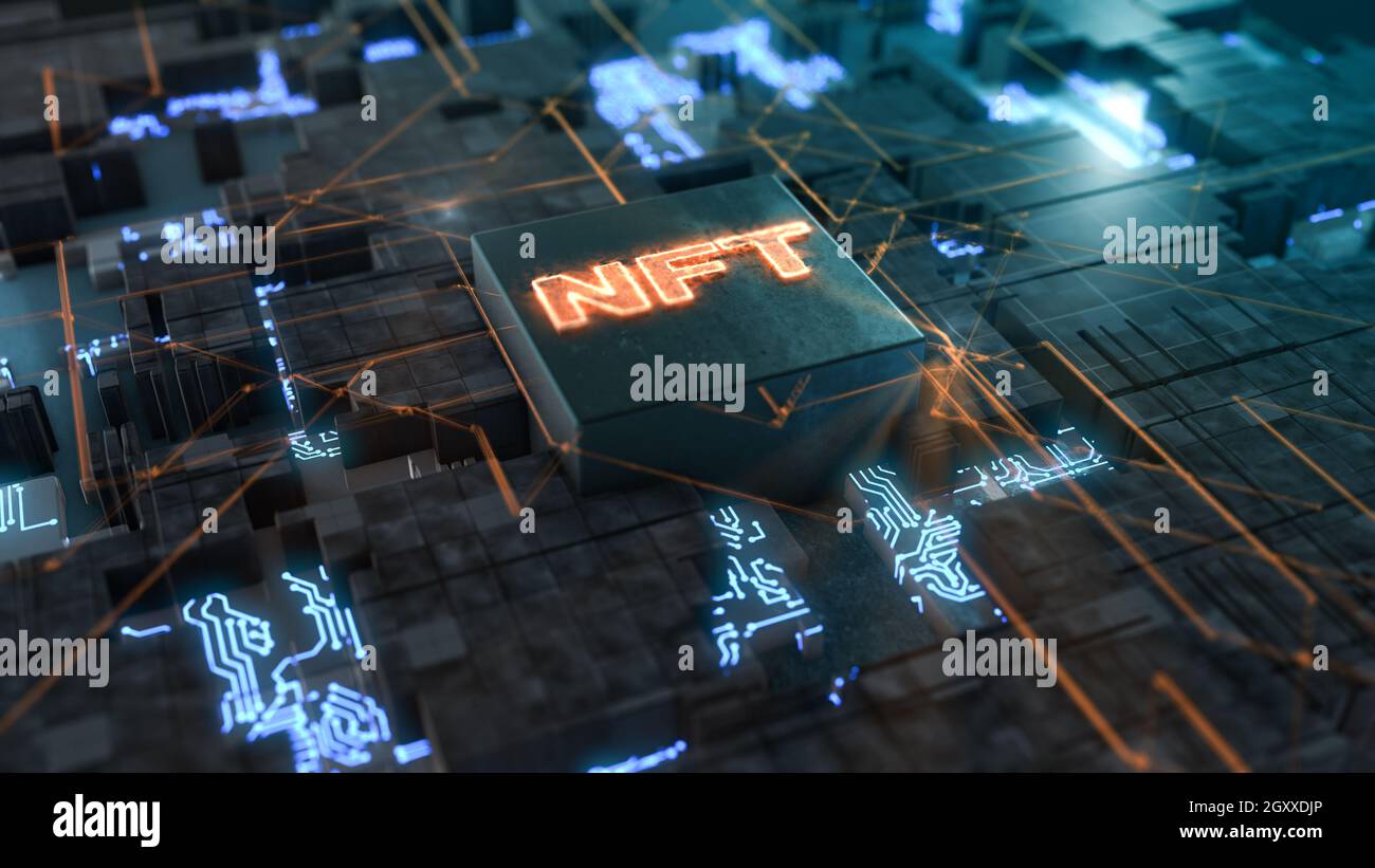 Nahaufnahme einer futuristischen elektronischen Schaltung mit NFT-Text über der cpu, Konzept des nicht fungiblen Tokens, Krypto-Kunst und Krypto-Währungsabbau (3d rende Stockfoto