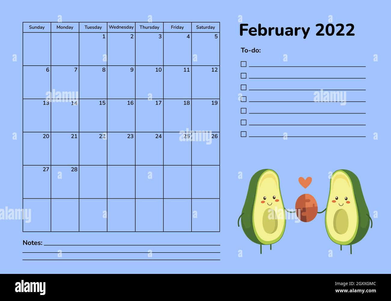 Horizontaler Planer 2022 mit Avocado. Kalenderseite Februar. Organizer Scheduler Timetable Vektorvorlage. Monatliche Seiten. Cartoon niedlich kawaii Stock Vektor