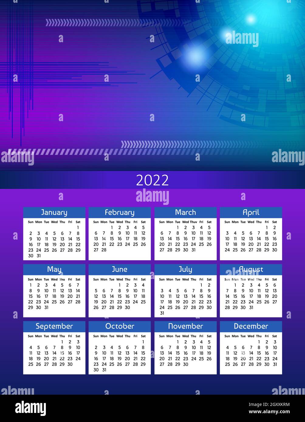 Vertikaler futuristischer Jahreskalender 2022 abstraktes digitales Thema, die Woche beginnt am Sonntag. Jährliche große Wandkalender bunte moderne Illustration in blau. Stock Vektor