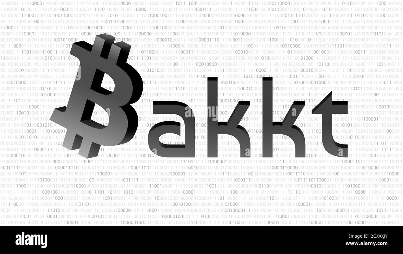 BAKKT-Wort mit Bitcoin-Symbol auf weißem Hintergrund mit Zahlen. Globales Ökosystem für den Handel, die Speicherung und die Bezahlung von Kryptowährungen. Stockfoto