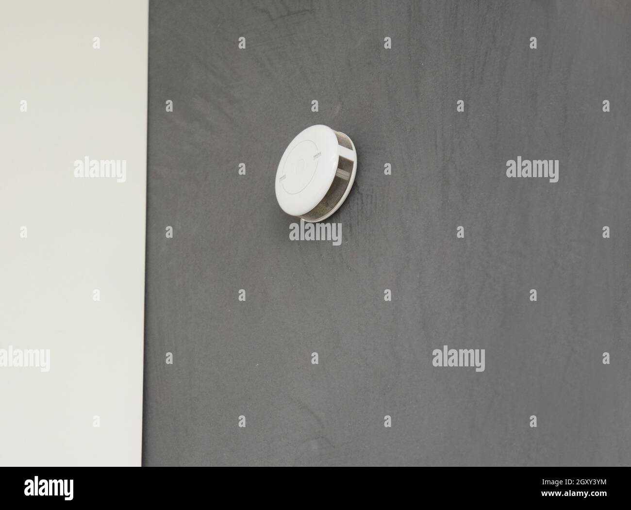 Modernes Haus mit Brandmeldeanlage, Brandmeldeanlage und Rauchschwaden. Stockfoto