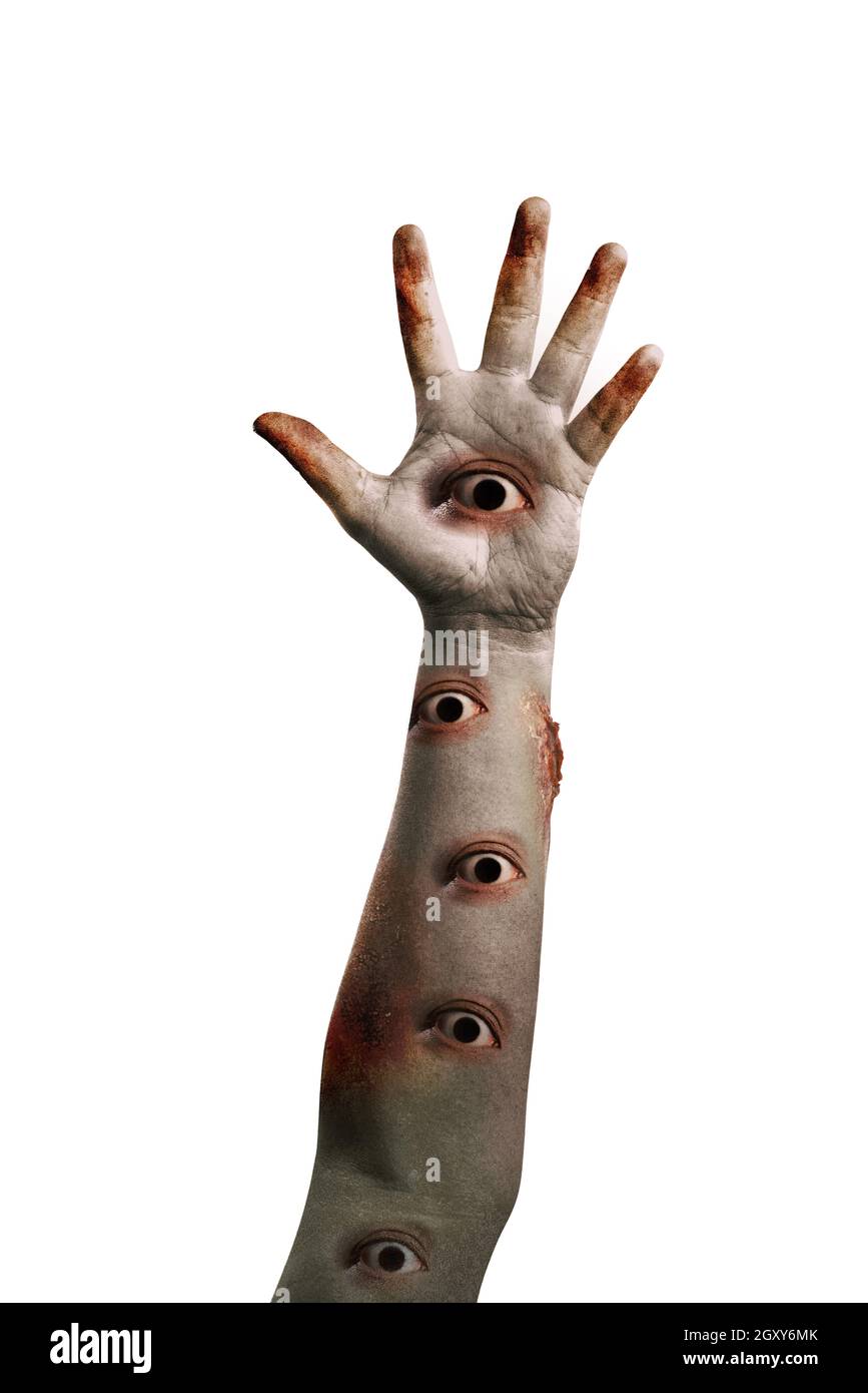 Zombie Hände mit vielen Augen isoliert auf weißem Hintergrund Stockfoto