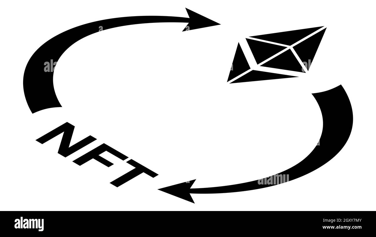 NFT und Ethereum ETH Circulation isometrisches Konzept mit Symbolen und zyklischen Pfeilen in monochromer Silhouette isoliert auf Weiß. Rotation von nicht-Fungib Stock Vektor