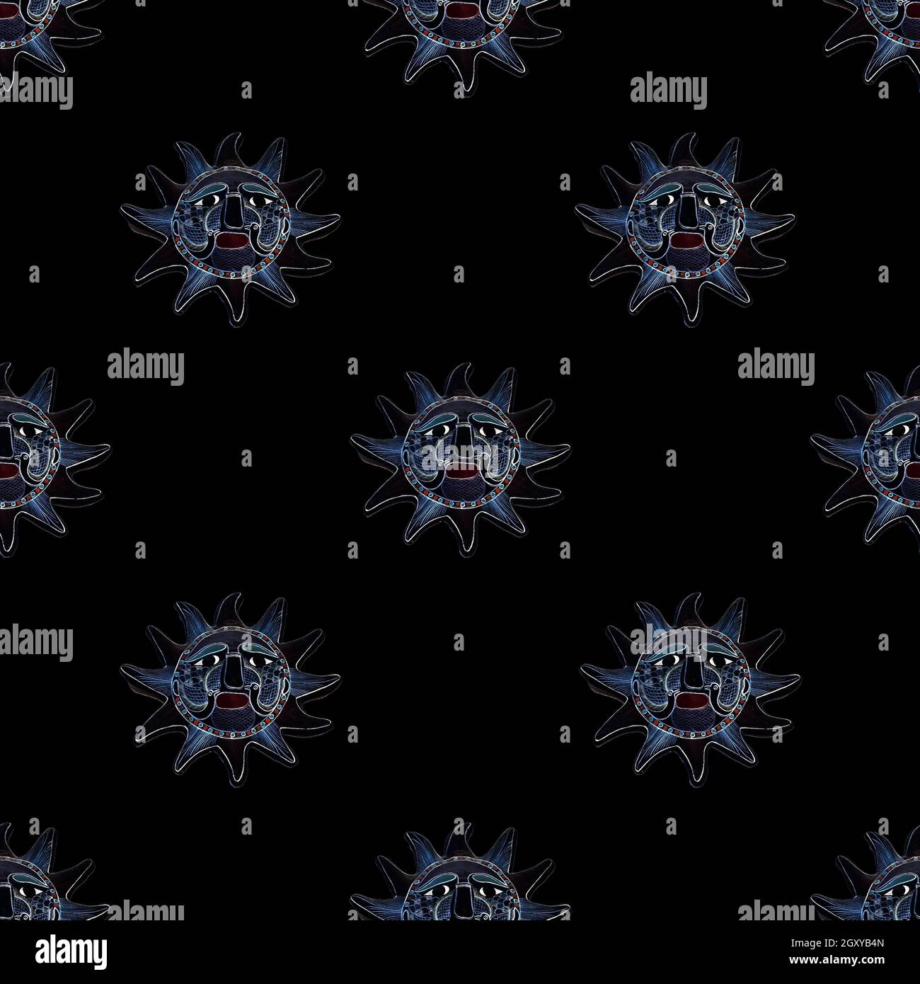 Blaues Sonnenskulptur-Motiv über schwarzem nahtlosem Musterhintergrund Stockfoto