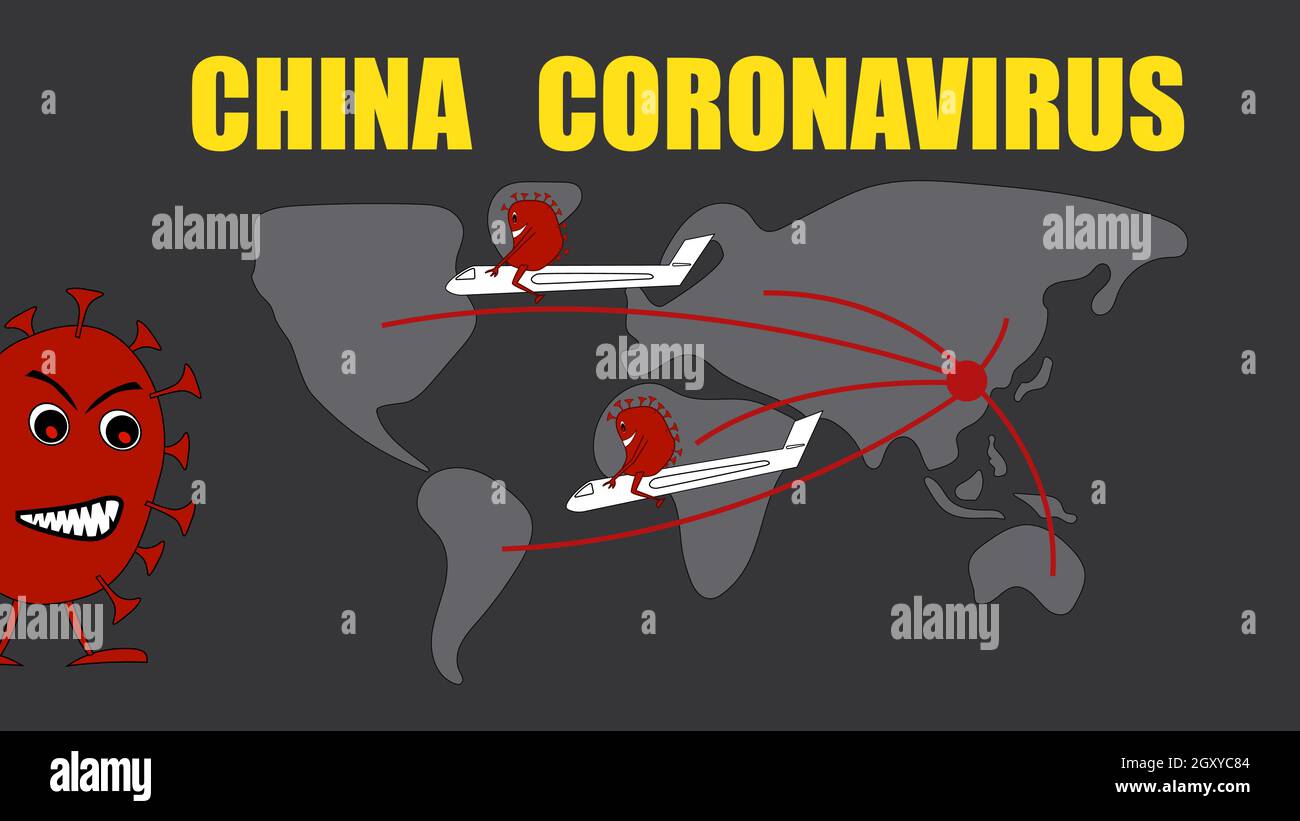 Karte der Ausbreitung des globalen Coronavirus aus China über die Fluggesellschaften. Ein zufriedener Virus sitzt auf einem Flugzeug und fliegt um die Welt. Horizontal Stock Vektor