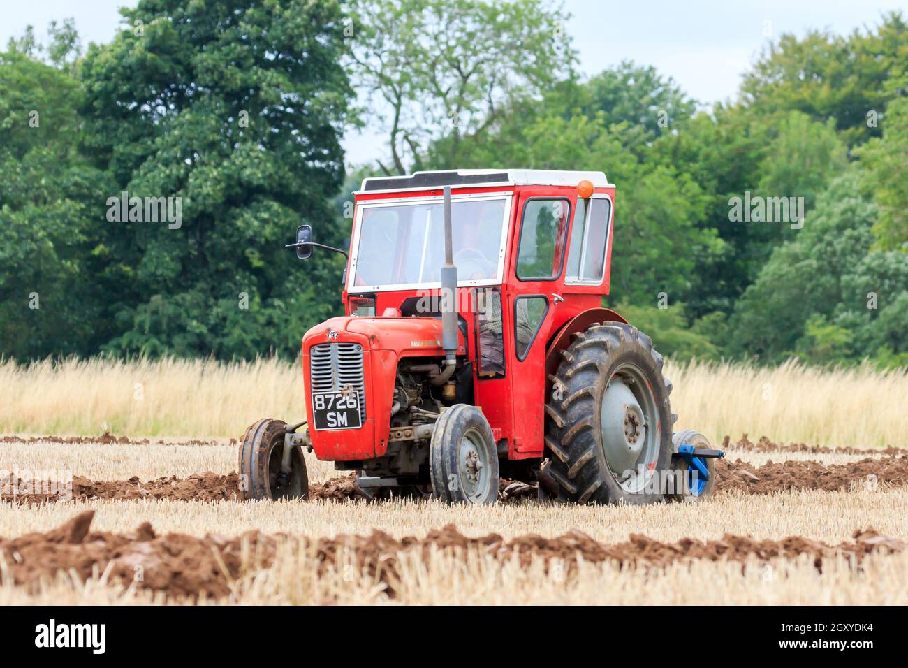 Middleshaw, Schottland - 16. August 2020 : Vintage Massey Ferguson 35 Traktor, der bei einem lokalen Pflügespiel gegeneinander antreten wird Stockfoto