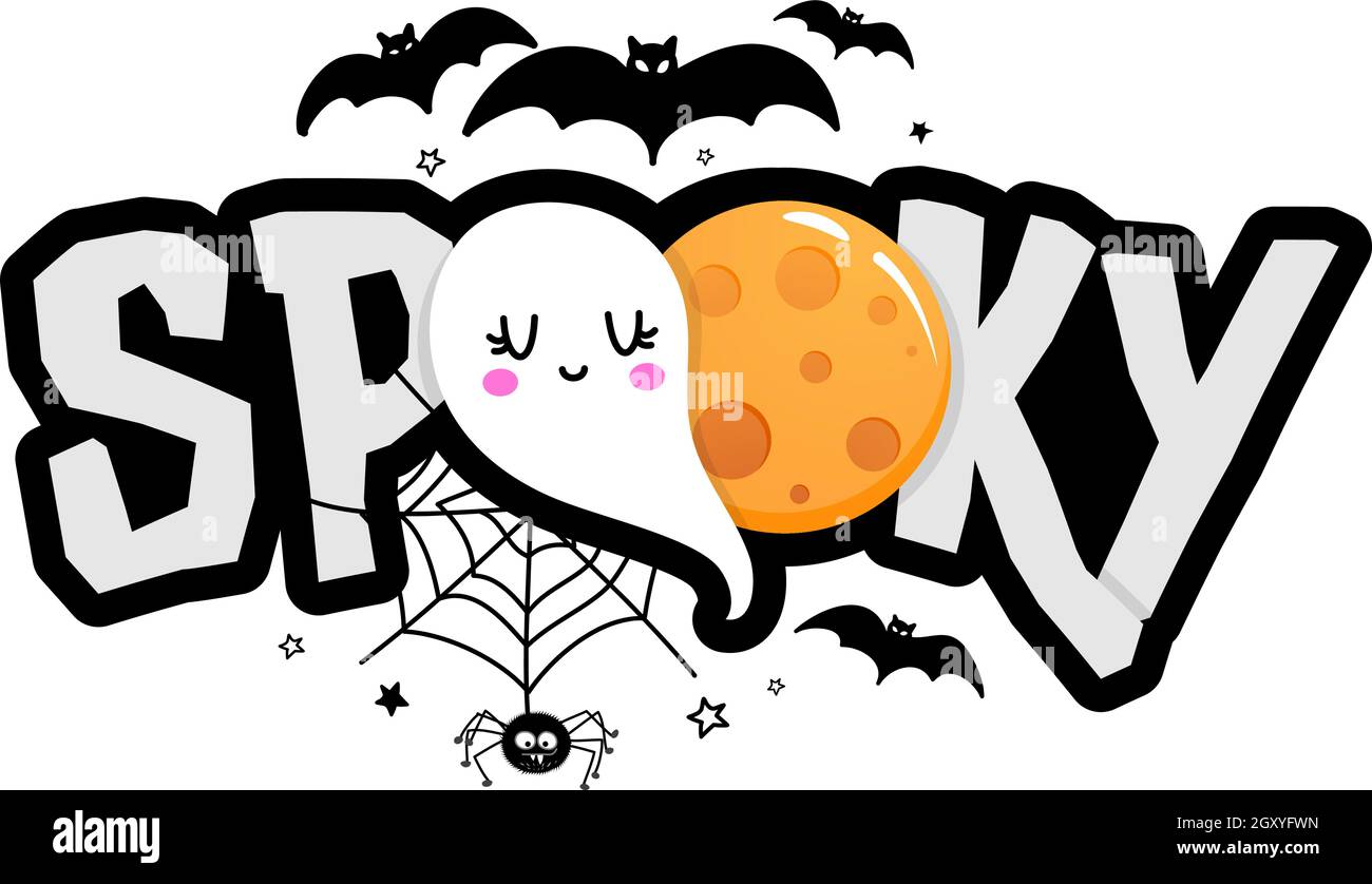Spooky - Happy halloween Zitat auf weißem Hintergrund mit einer niedlichen hängenden Spinne, Zuckermais und gelbem Vollmond. Geeignet für T-Shirt, Becher, Banner, Geschenk, Stock Vektor