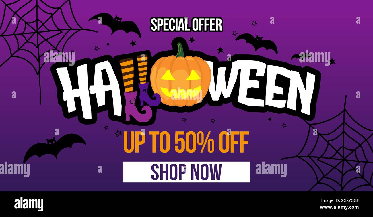 Sonderangebot, Halloween Sale. Bis zu 50% Rabatt - Marketing Werbebanner. Handgezeichnete Lettering-Karte, Hintergrund. Vektorgrafik für Banner, Disc Stock Vektor