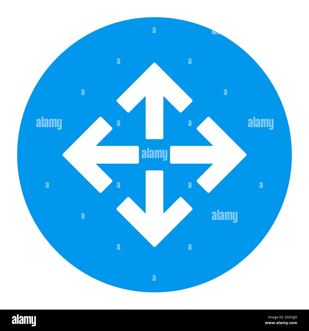 Vier Pfeile, die vom mittleren Vektor-weißen Glyphensymbol zeigen. Navigationsschild. Graph-Symbol für Reise- und Tourismus-Website und Apps Design, Logo, App Stockfoto