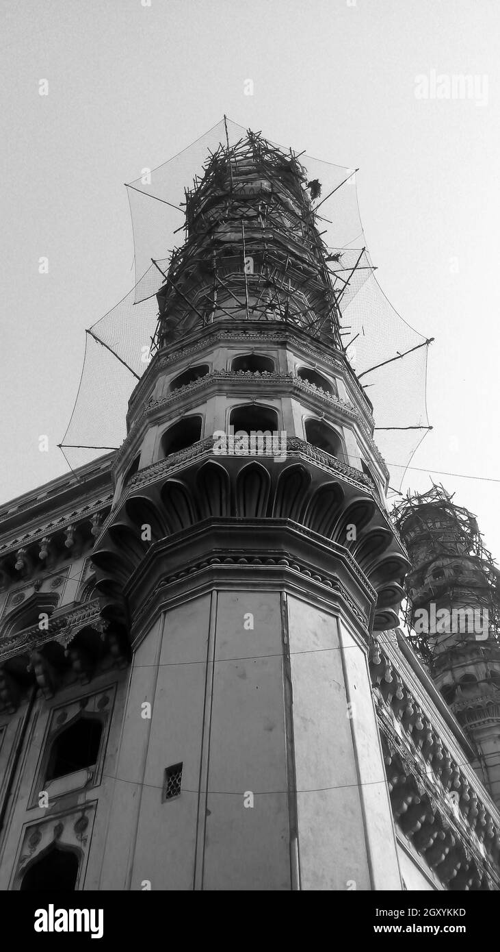 Die Architektur von Charminar ('vier Minarette'), erbaut 1591, ist ein Denkmal und eine Moschee in Hyderabad, Telangana, Indien, Hyderabad Ein Blick auf Stockfoto