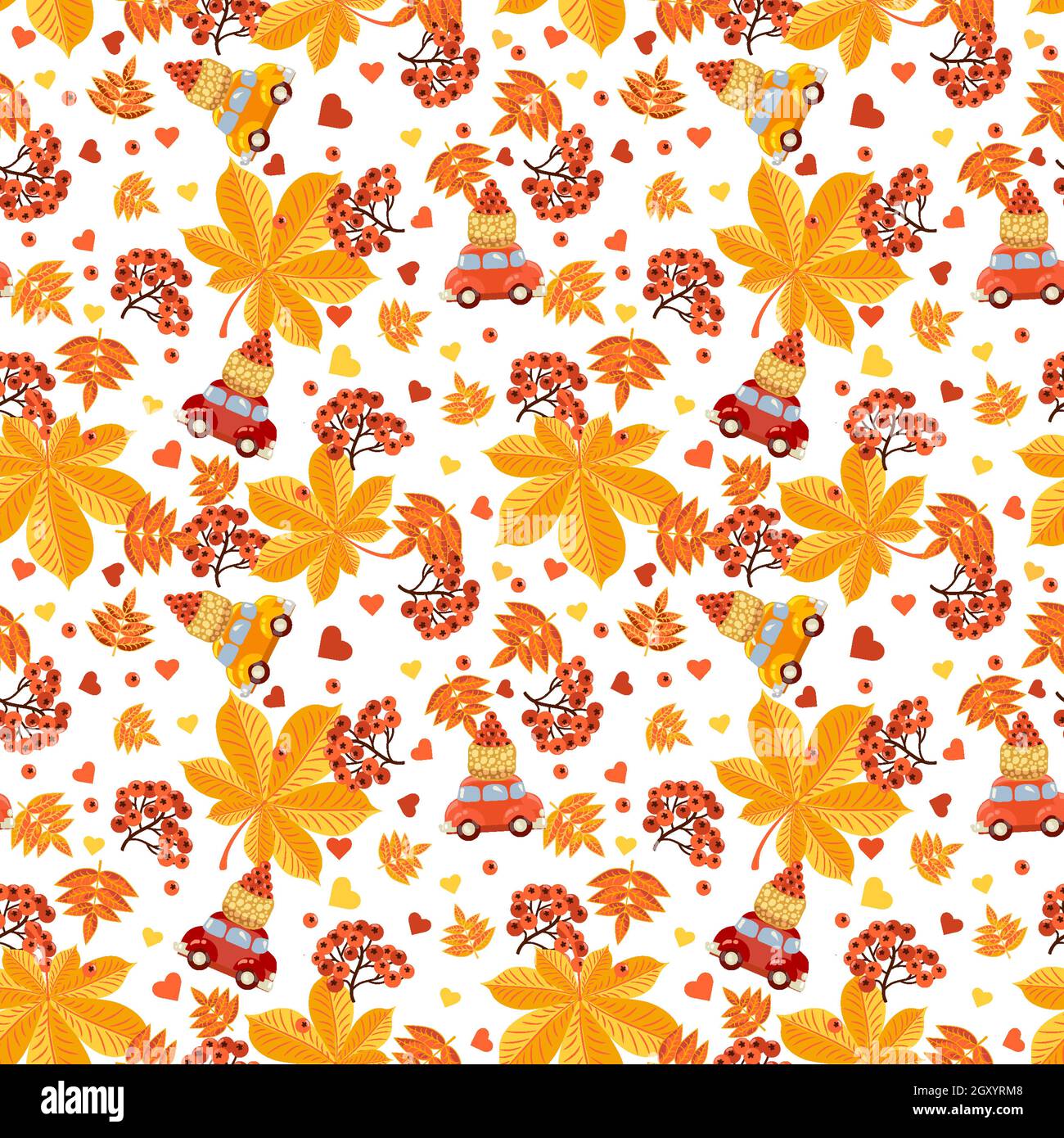 Nahtloses Muster mit roten Vogelbeeren, Herzen und Herbstblättern auf weißem Hintergrund. Für die Gestaltung von Geschenkpapier. Stock Vektor