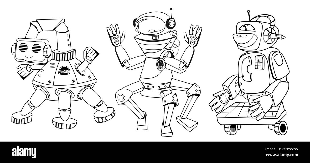 Malbuch Seite mit Umriss niedlichen Roboter Cartoon-Figuren für Kinder, Vektor-Illustration isoliert auf weißem Hintergrund. Schwarze Linienkontur von ro Stock Vektor