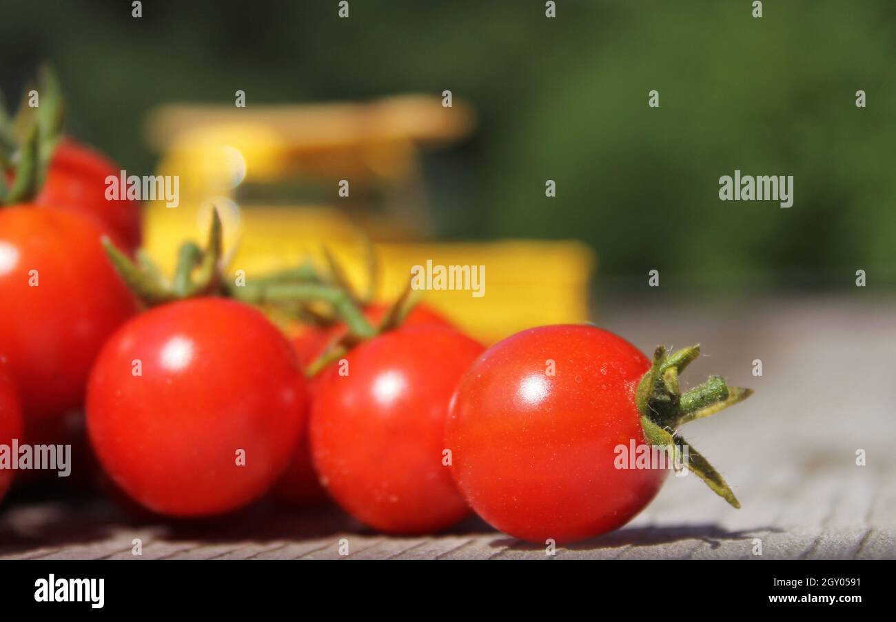 Tomaten und Vintage Yellow Truck Shallow DOF Stockfoto