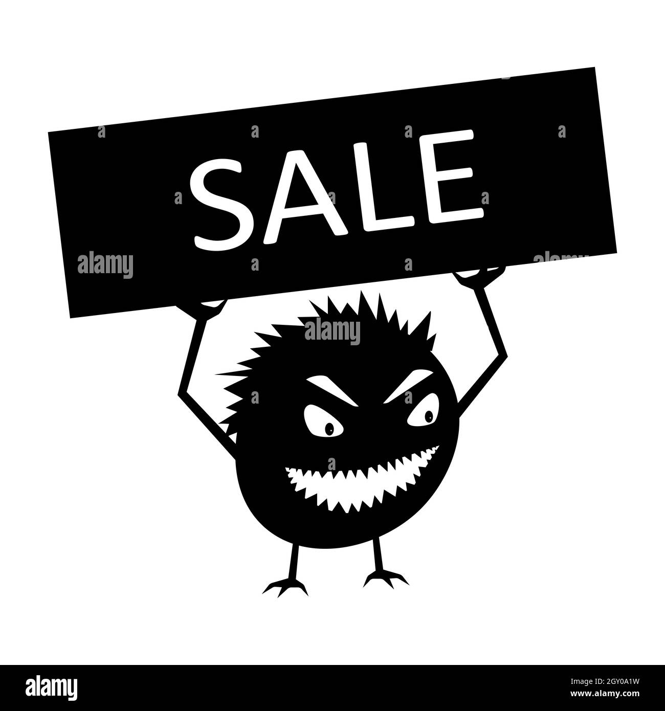 Lustiges Monster hält ein Verkaufsschild. Böse kleine Kreatur für die Kampagne in Online-Shops. Isolierter Vektor. Stock Vektor