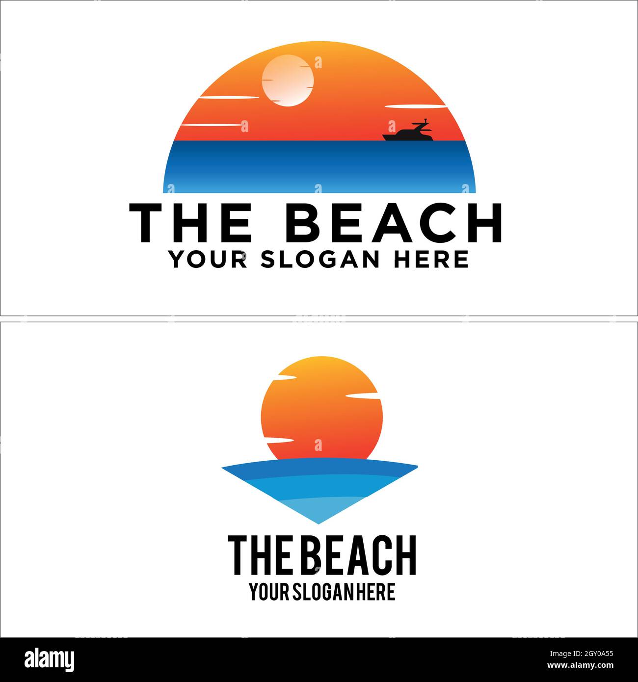 Set mit Logo für den Sonnenuntergang am Strand Stock Vektor
