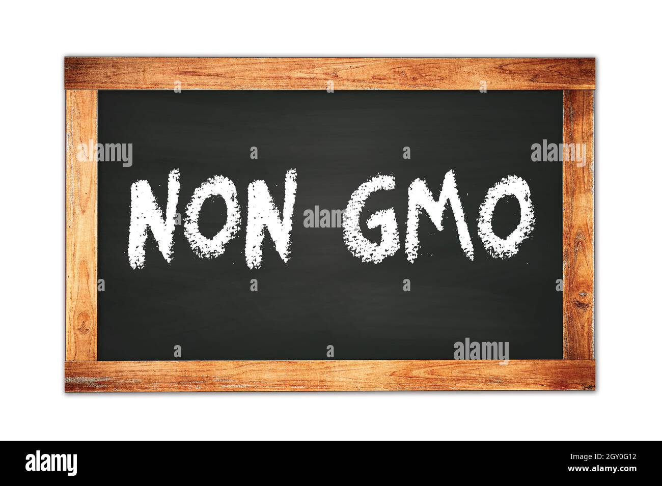 NICHT-GVO-Text auf schwarzem Holzrahmen Schule Tafel geschrieben. Stockfoto